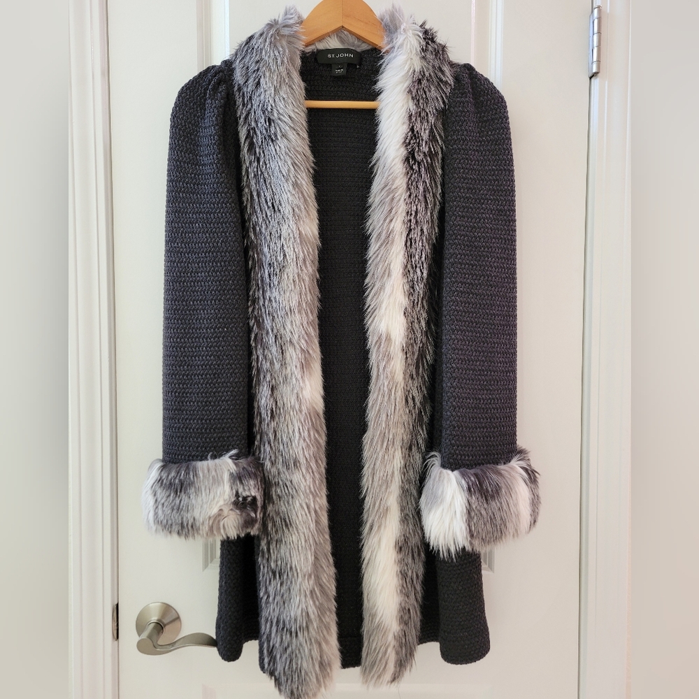 St. John Long Knit Cardigan With Faux Fur Trim